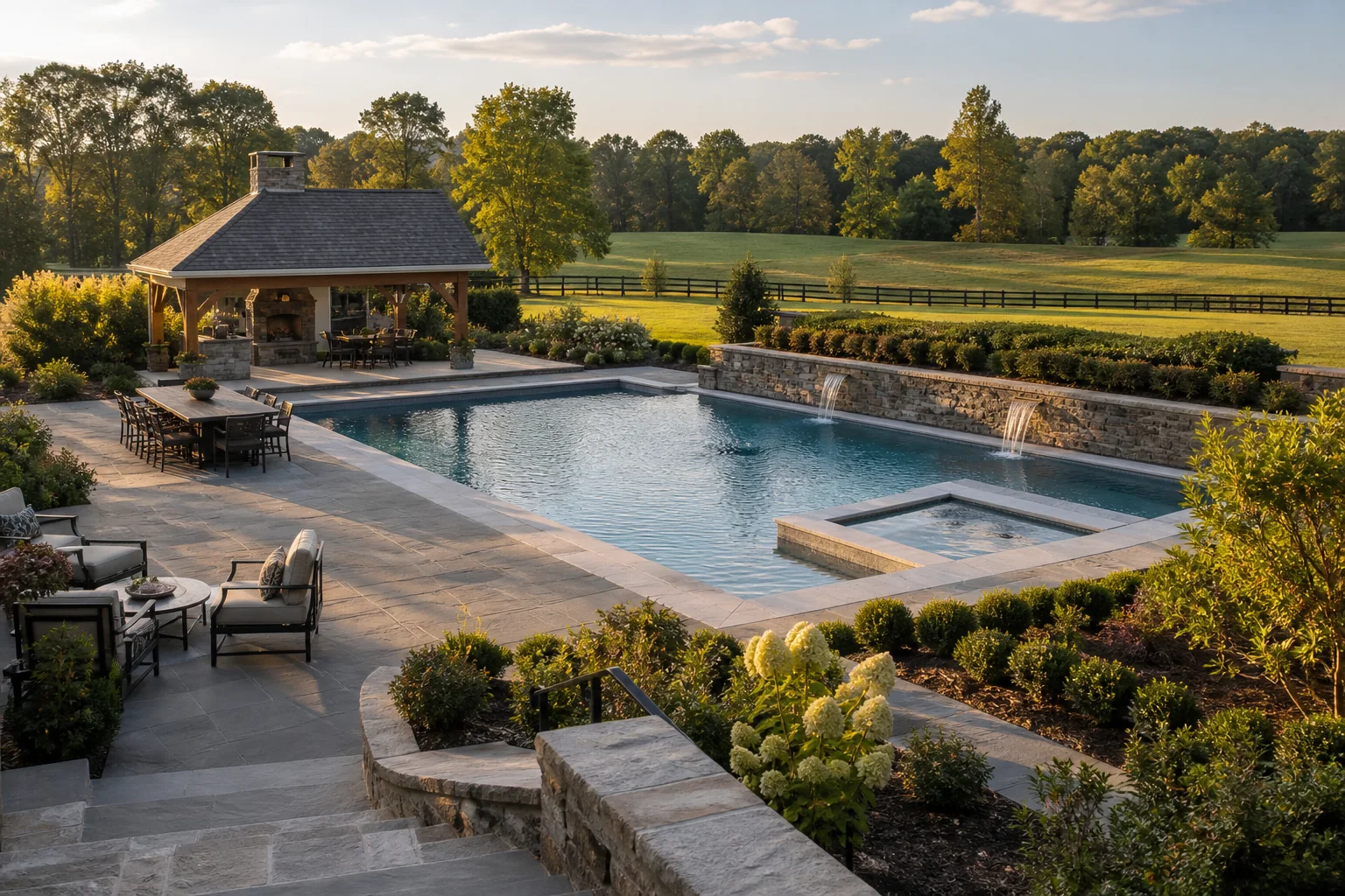 Million-dollar backyard with gunite pool, terrace, cabana, and Hudson Valley setting
