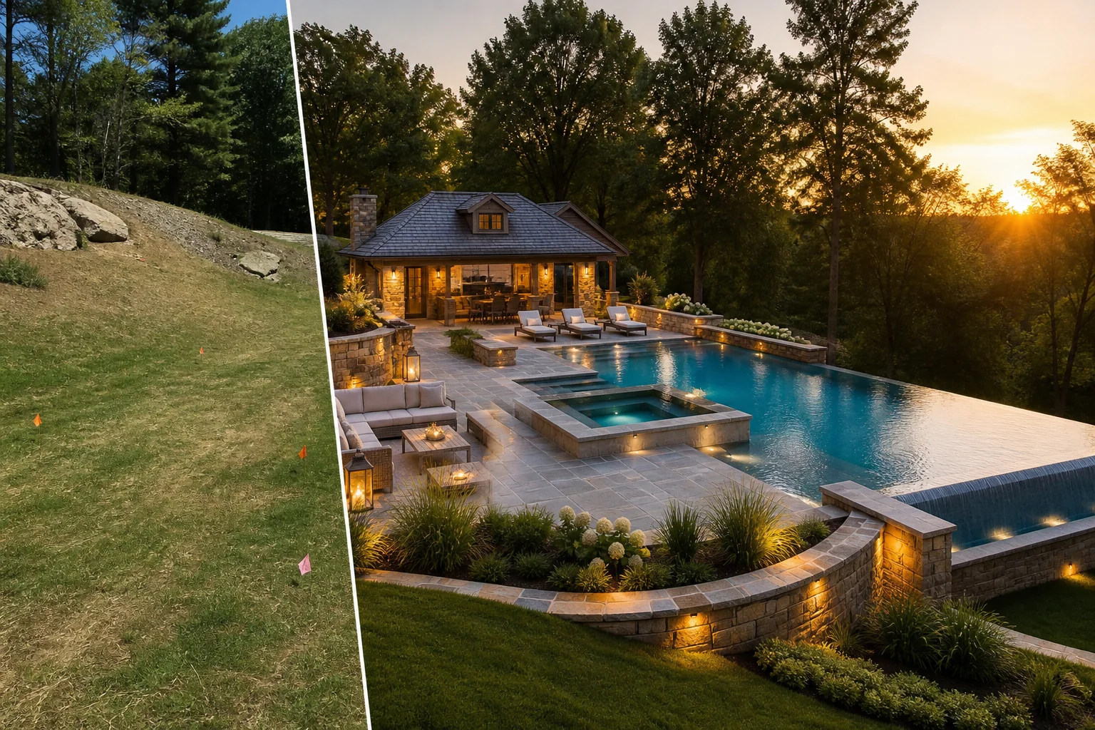 Before and after gunite pool transformation on a sloped New York property
