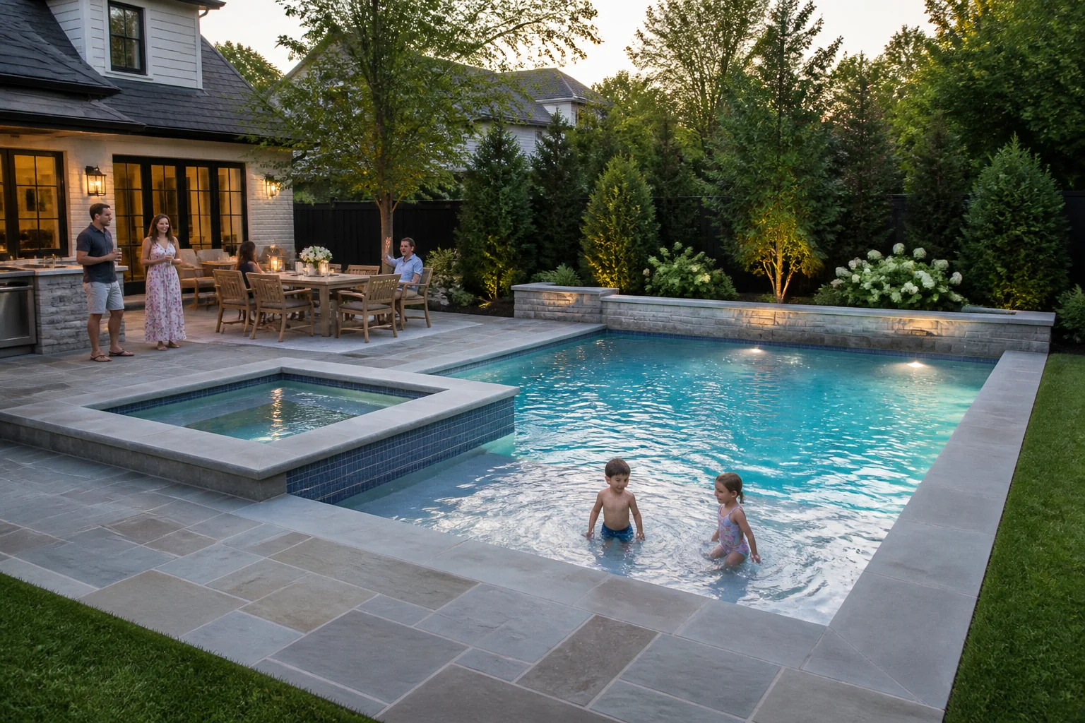 Compact custom gunite pool and integrated spa in a private fenced backyard at dusk