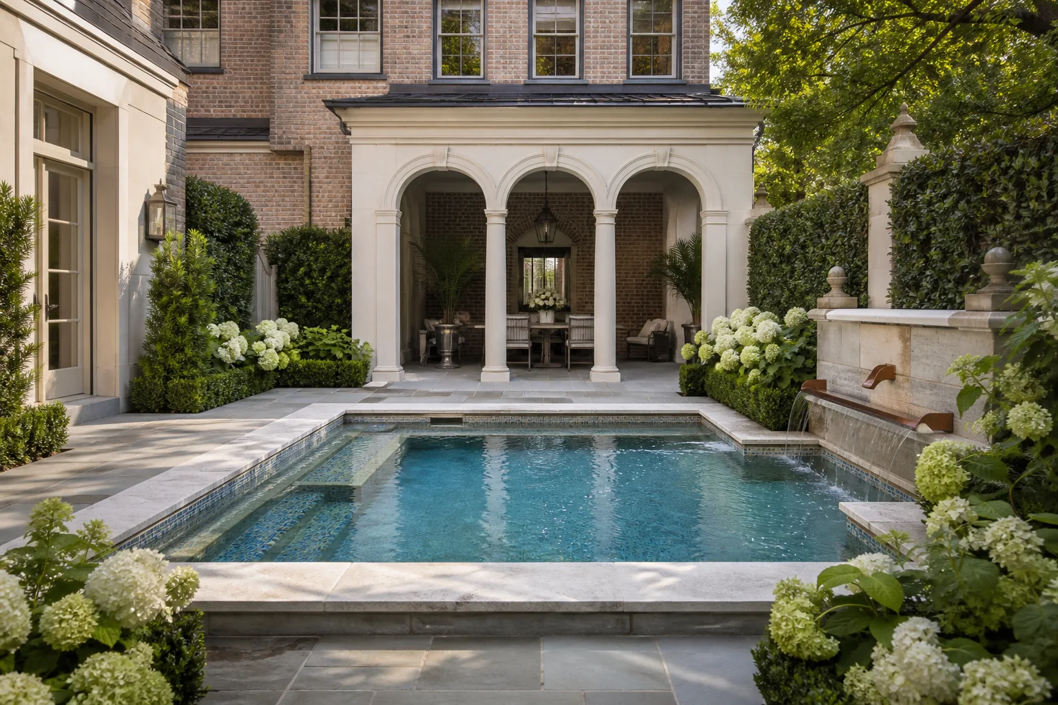 Courtyard gunite plunge pool with stone manor, hydrangeas, and water feature