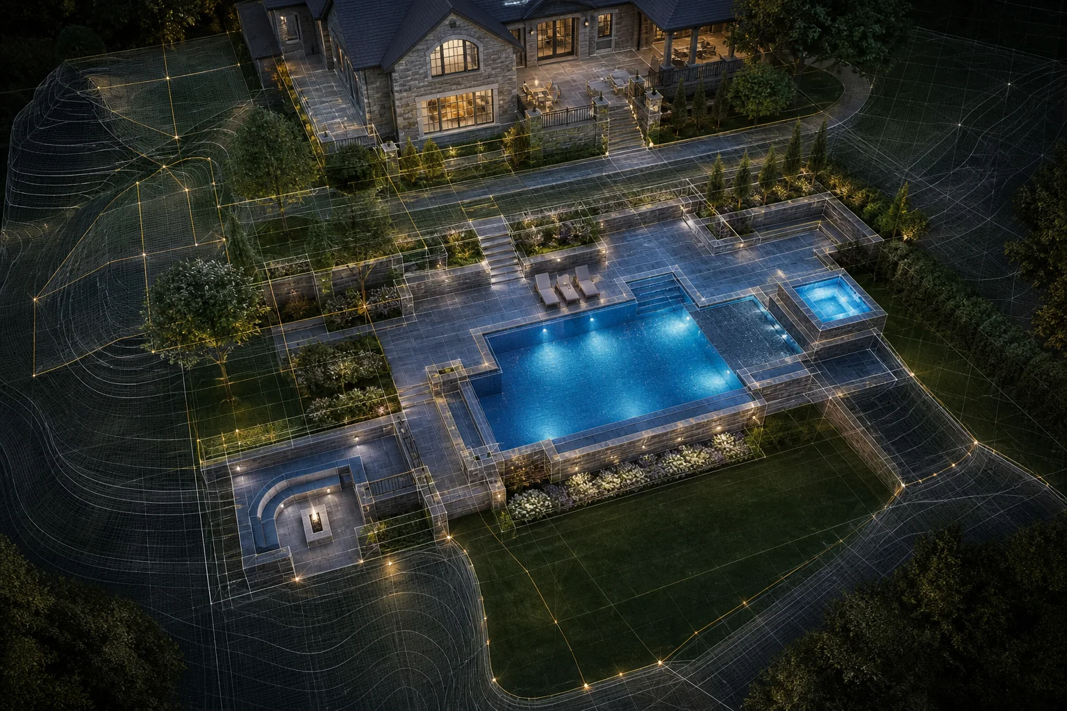 Digital 3D rendering of a luxury gunite poolscape with contour lines, terrace layout, and integrated spa