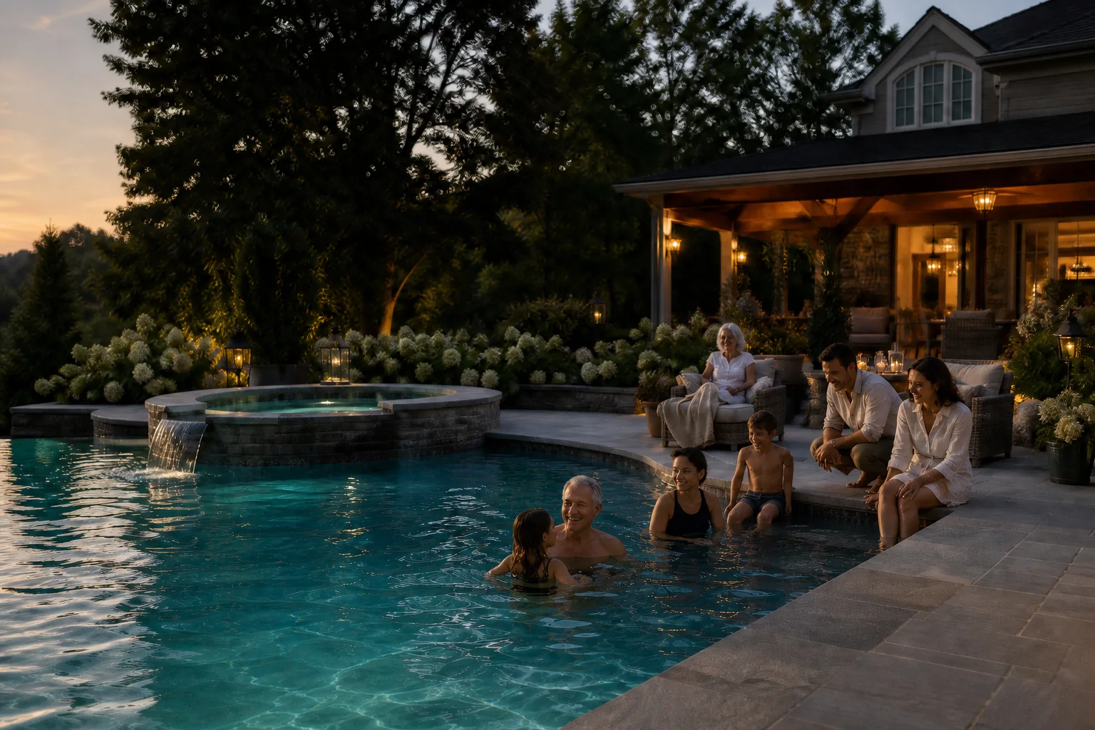 Family gathered at a luxury gunite pool and spa at a New York estate during golden hour