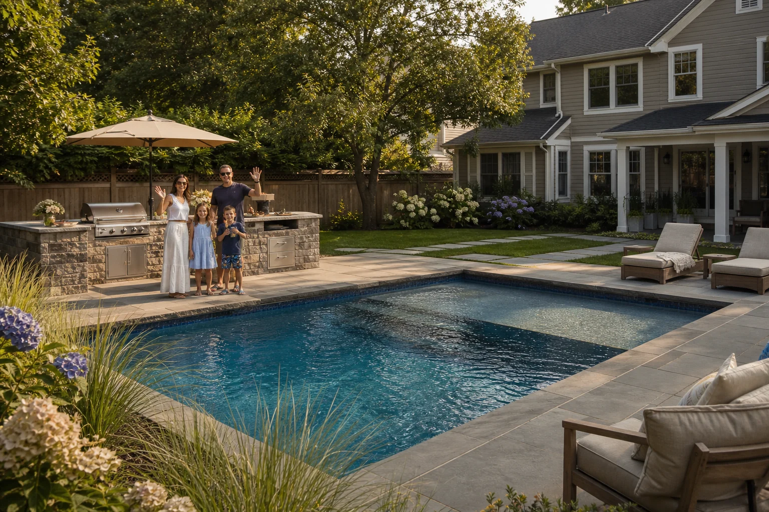 Family standing by a barbecue beside a custom gunite pool in a fenced New York backyard