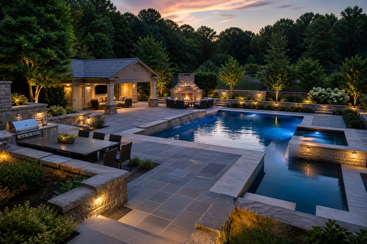 Luxury gunite pool with hardscape, outdoor kitchen, fireplace, cabana, and spa