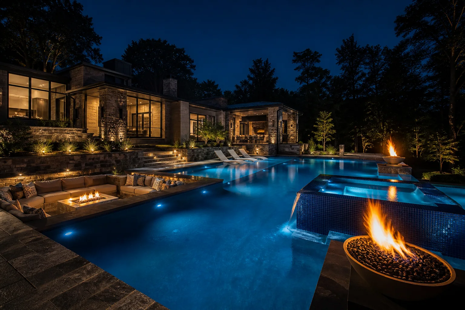 Nighttime gunite pool with fire bowls, underwater lighting, and stone estate