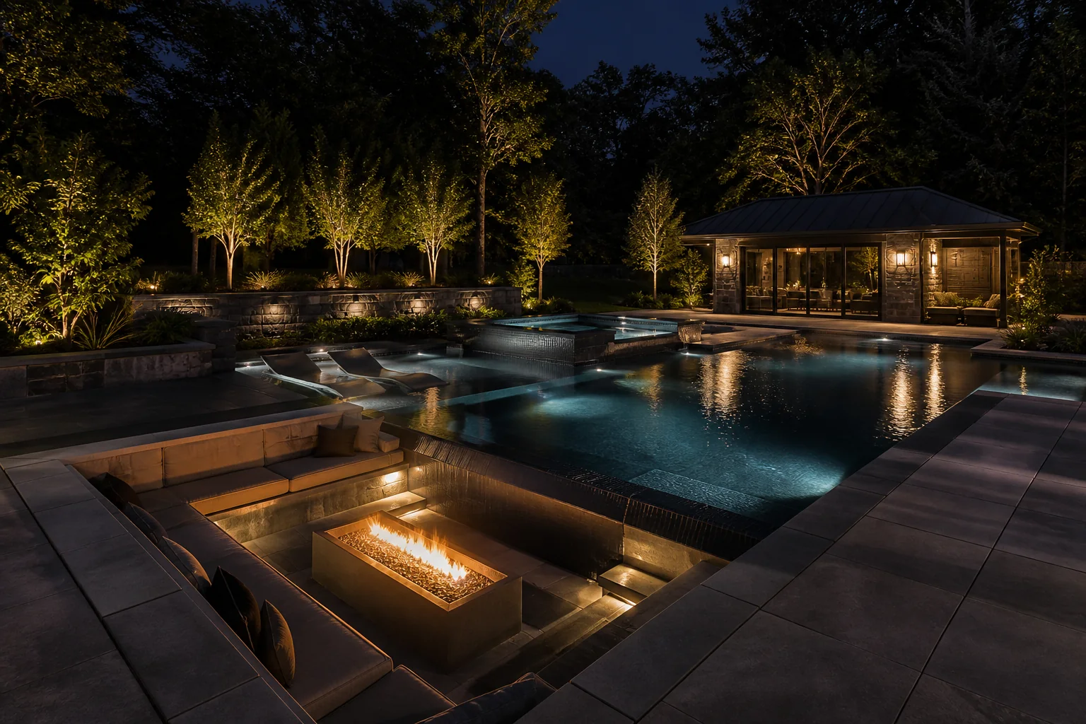 Gunite pool at night with integrated spa, lit water, and sunken lounge