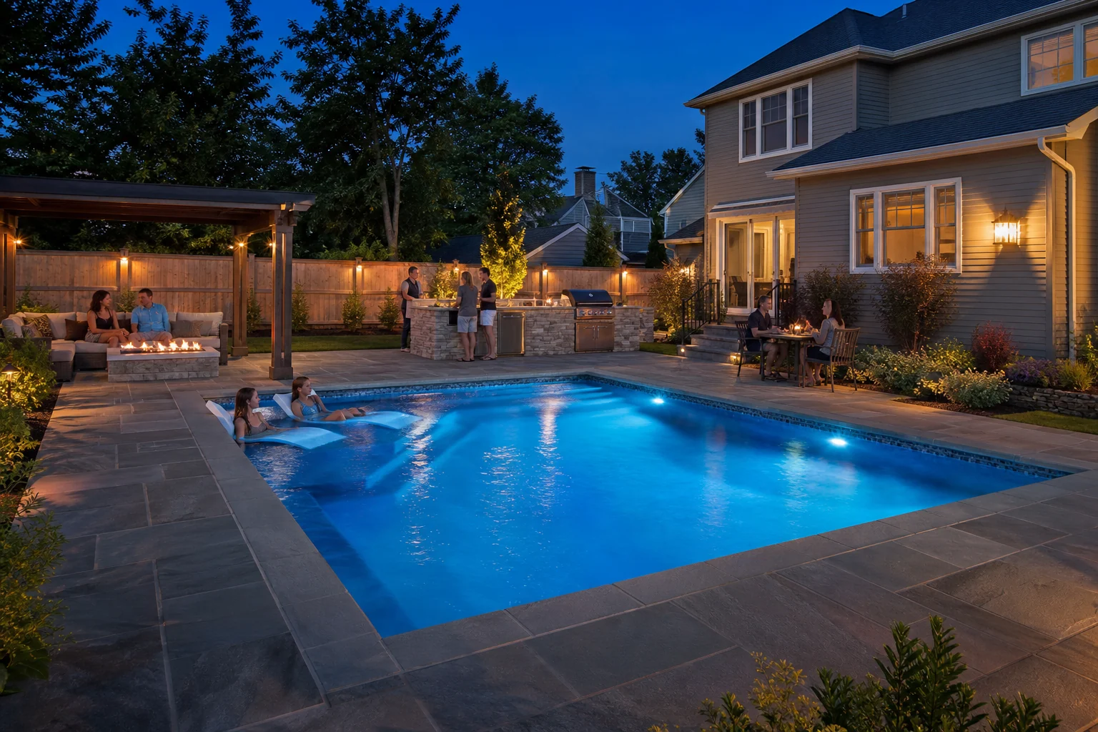 Evening family backyard with lit gunite pool, pergola, fire table, and grill station