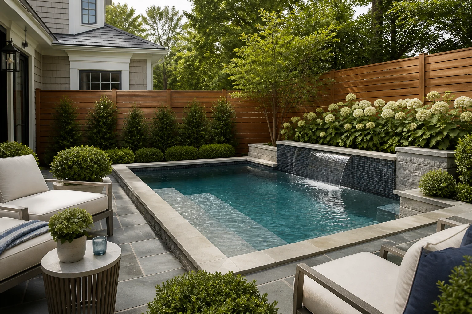 Small custom gunite courtyard plunge pool with waterfall wall, stone coping, and privacy planting