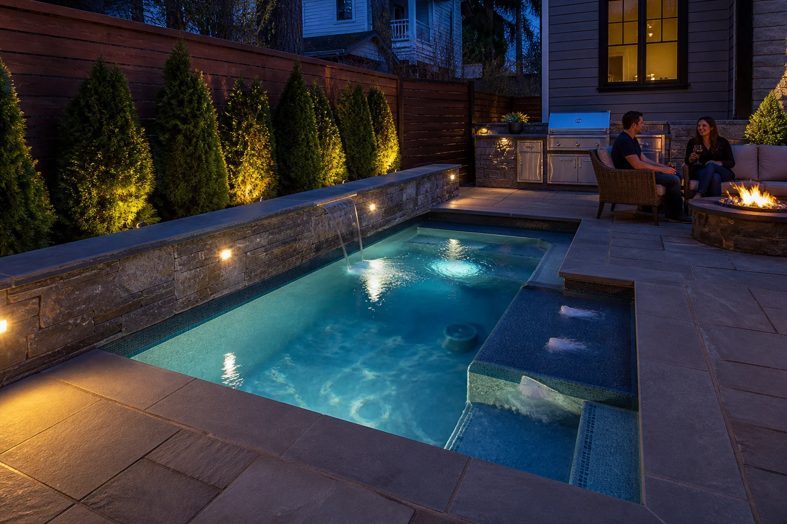 Compact gunite plunge pool at night with spa jets, stone hardscape, grill, fire feature, and privacy fencing