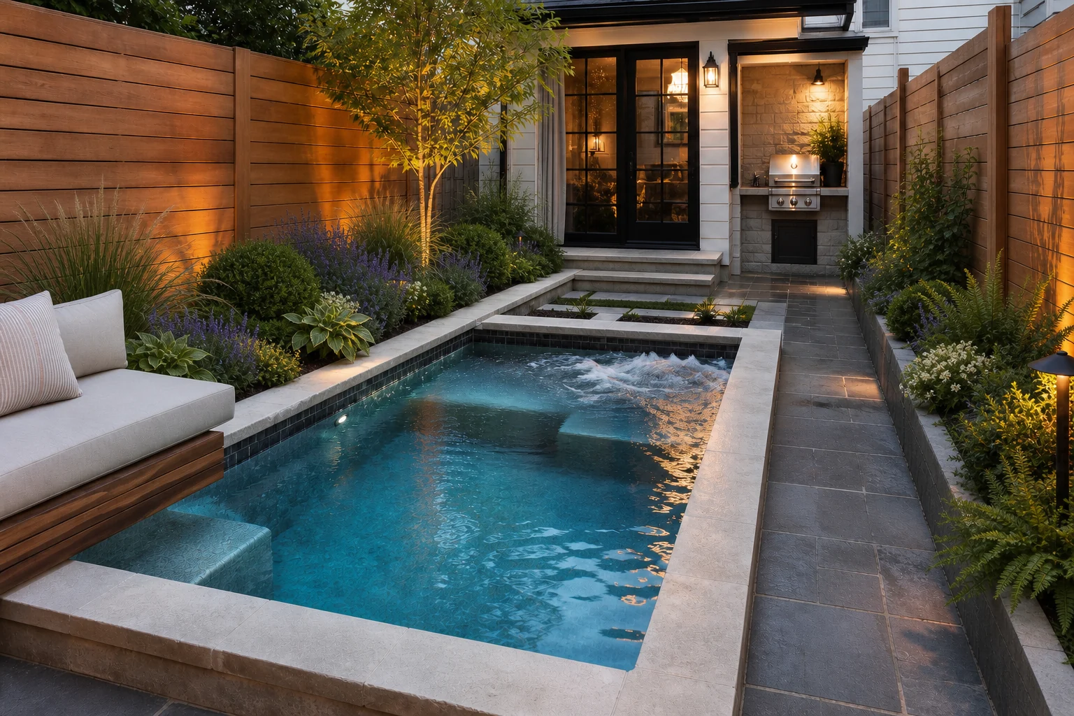 Very small custom gunite plunge pool in a tight backyard with bluestone patio, cedar fence, and varied planting