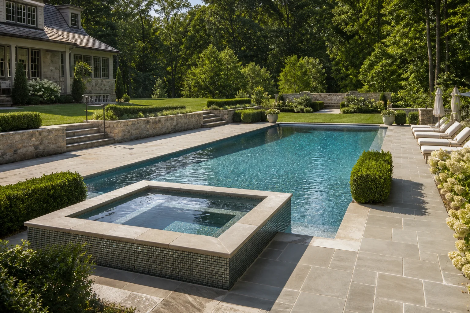 Summer gunite pool with raised spa, stone terrace, and Northeast estate landscaping