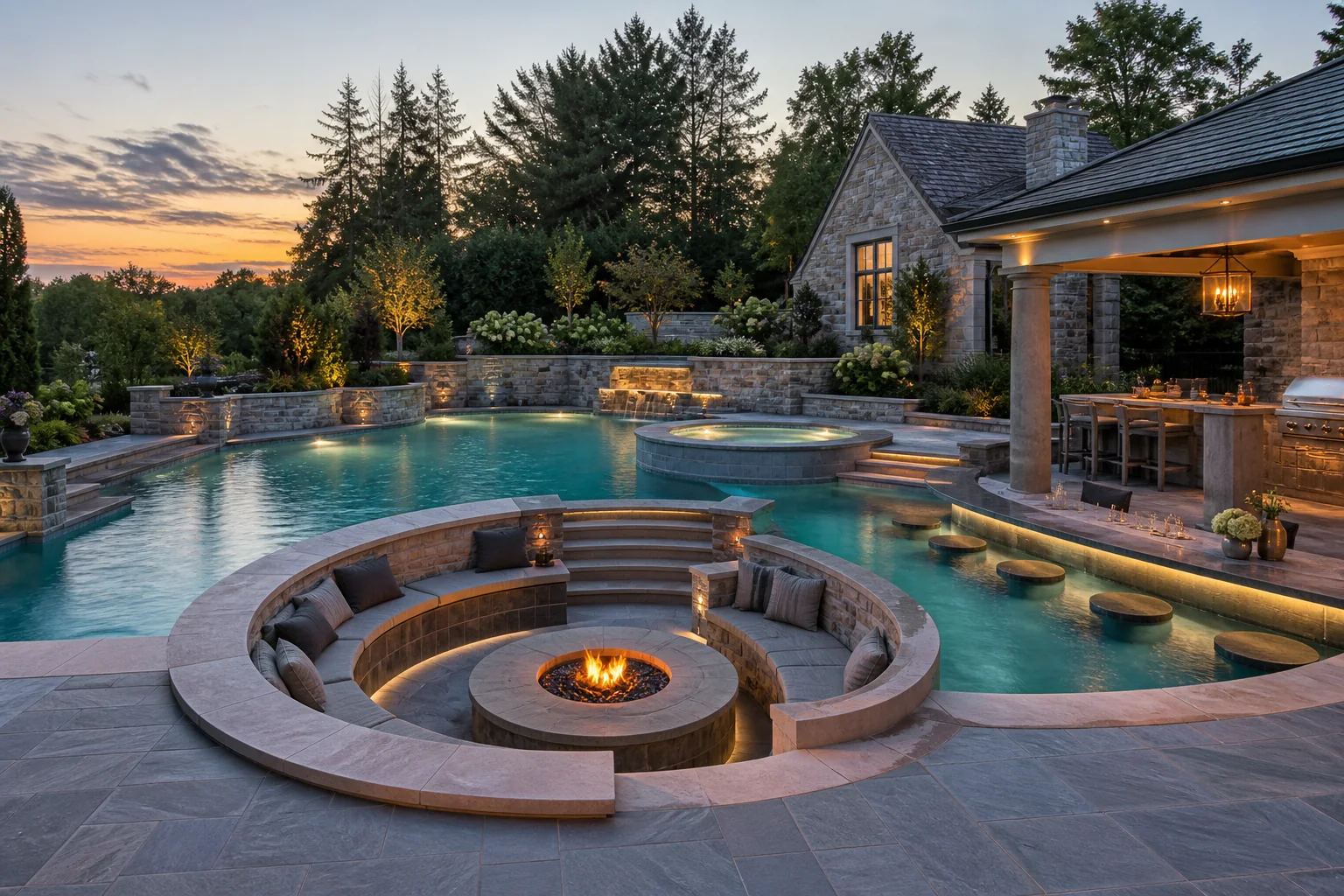 Gunite pool with sunken fire lounge, swim-up bar, integrated spa, and outdoor kitchen